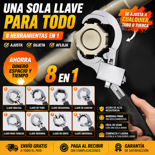 Llave de Plomería Ajustable 8 en 1 – Una Sola Herramienta para Todas tus Reparaciones